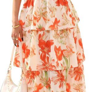 Womens Square Neck Smocked Dress Summer Puff Short Sleeve Floral Casual Ruffle T